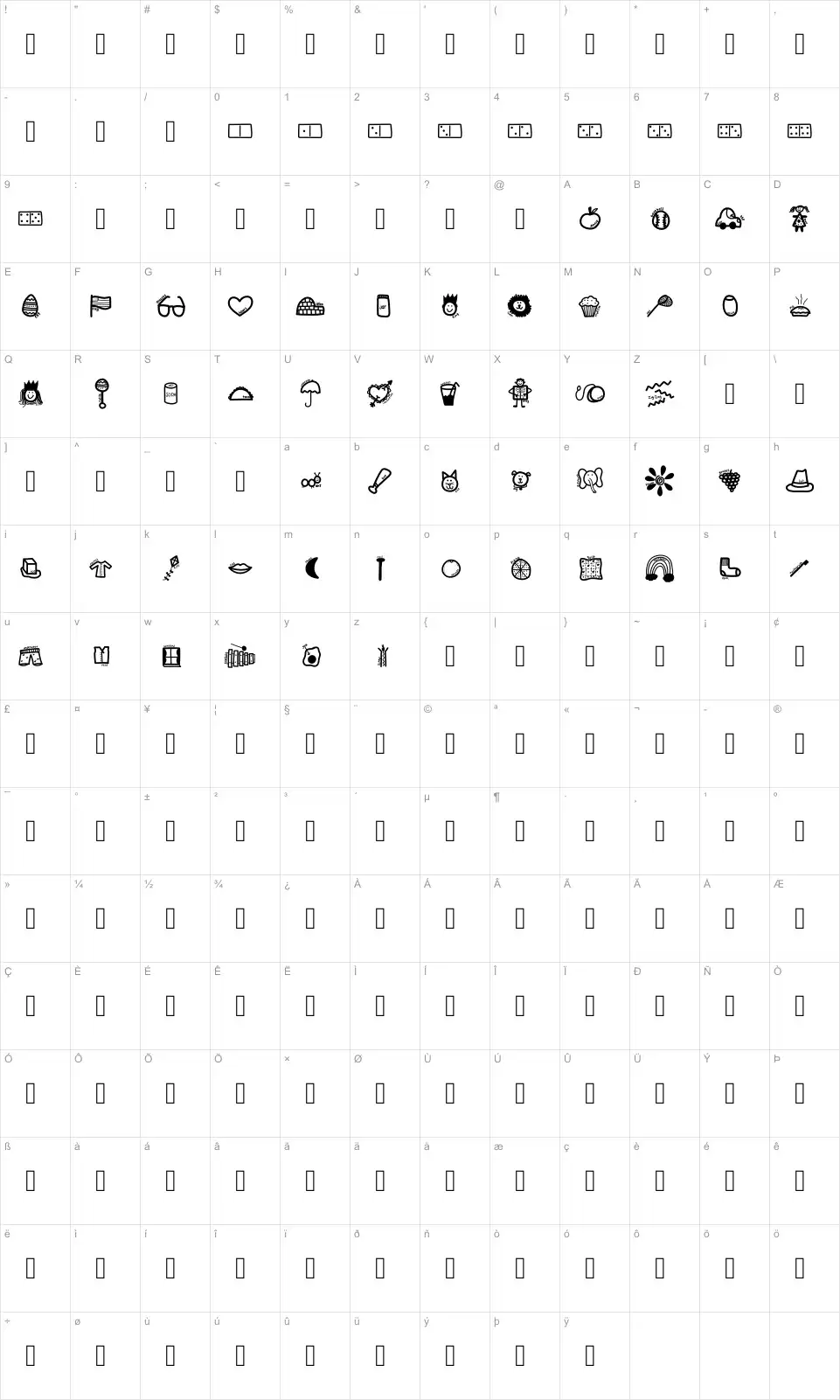 Mapa de caracteres da fonte KB ABC Doodles