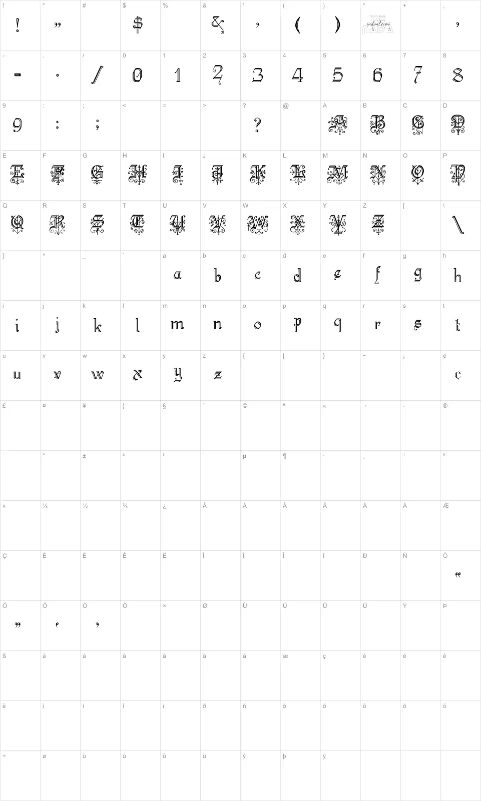 Mapa de caracteres da fonte Kelly Ann Gothic