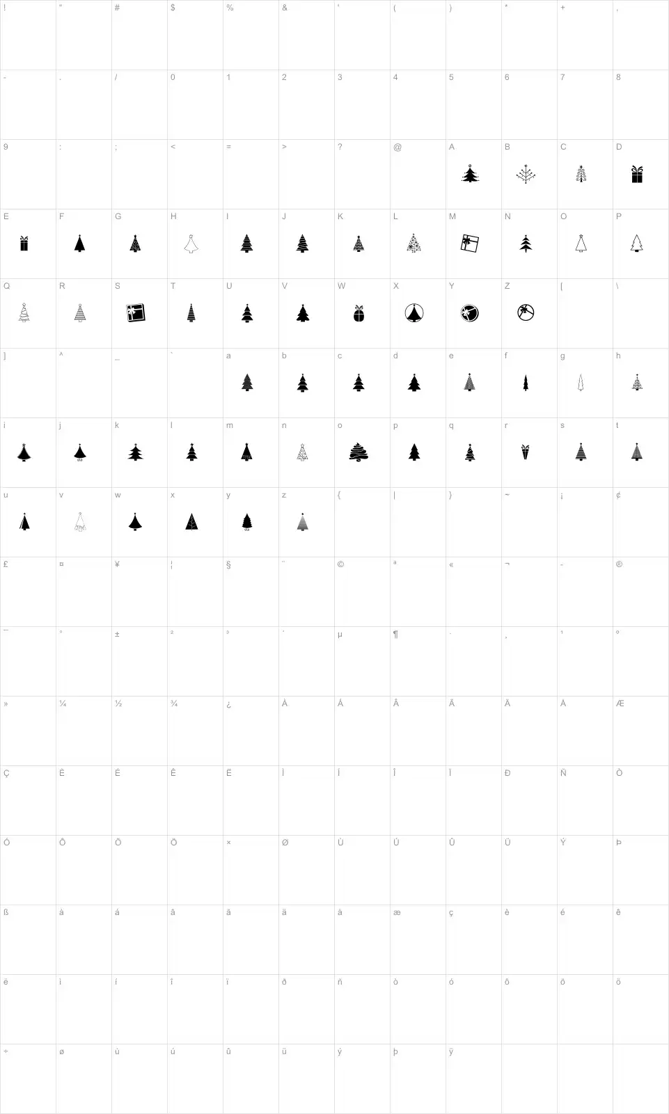 Mapa de caracteres da fonte KG Christmas Trees