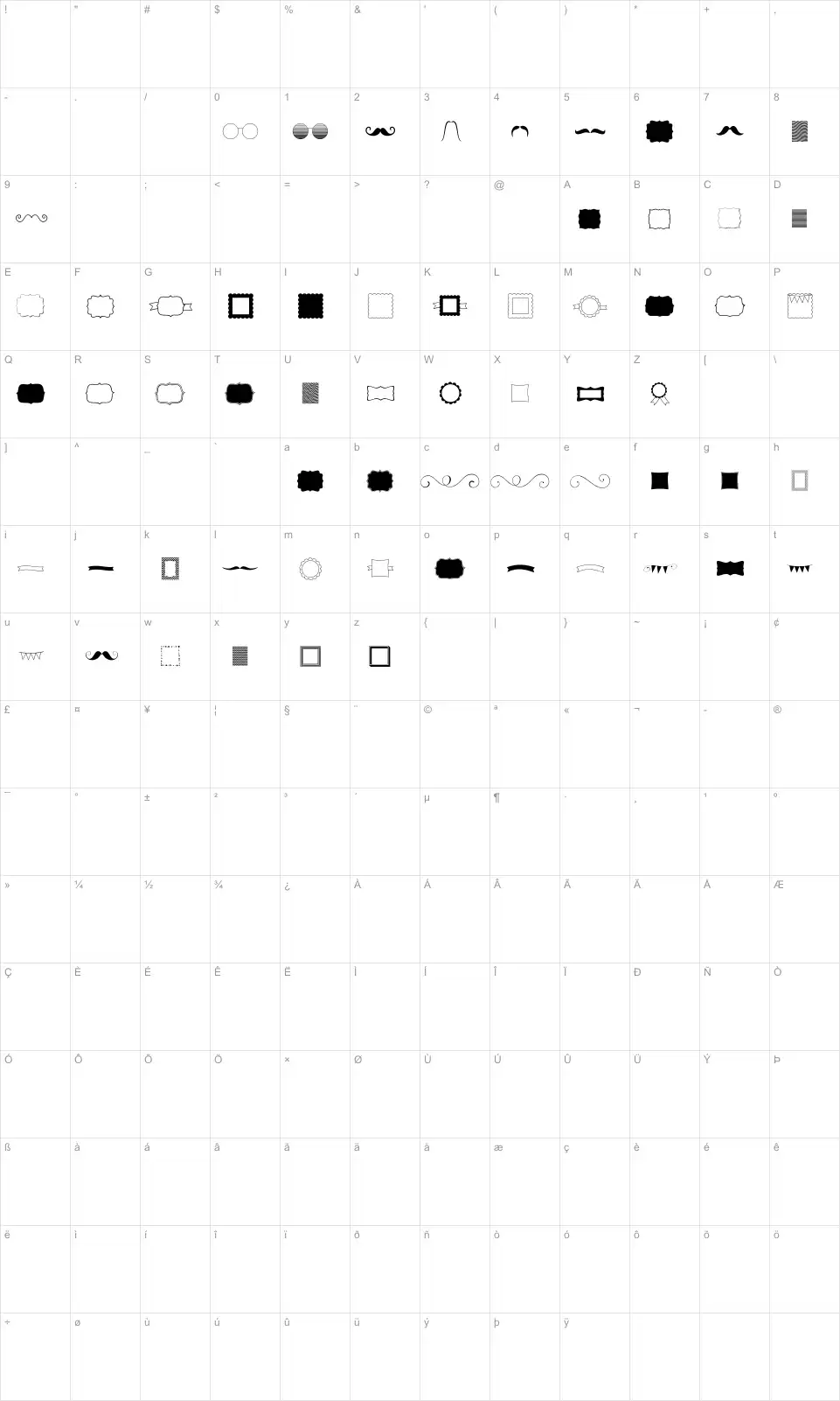 Mapa de caracteres da fonte KG Flavor and Frames