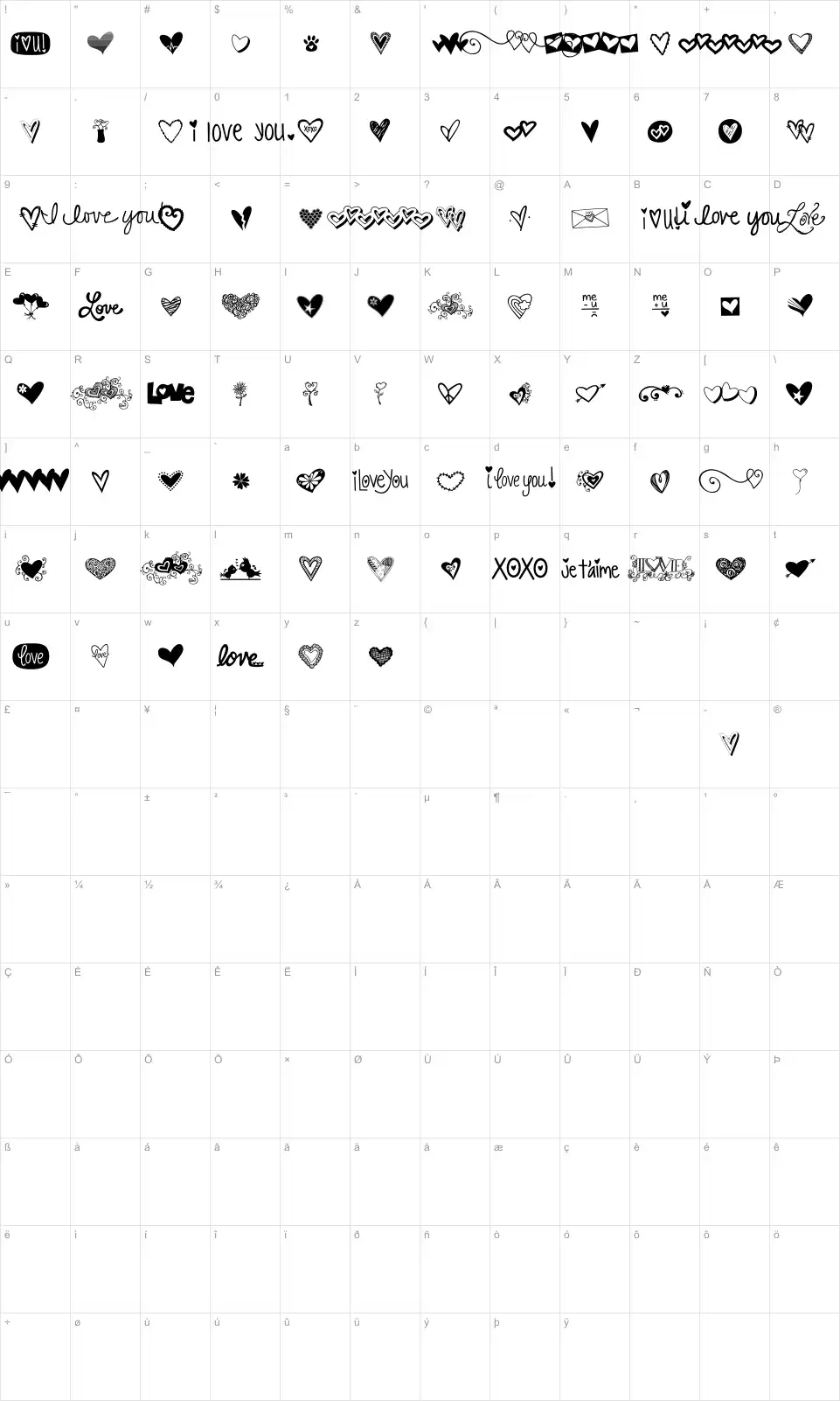 Mapa de caracteres da fonte KG Heart Doodles