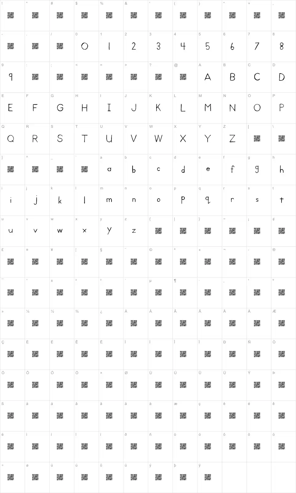 Mapa de caracteres da fonte Kid Print
