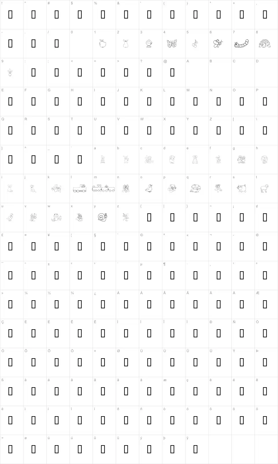 Mapa de caracteres da fonte Kiddy Ding