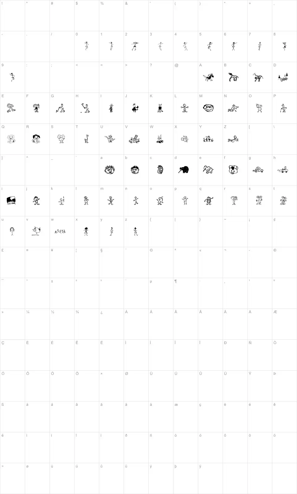 Mapa de caracteres da fonte Kids Drawings