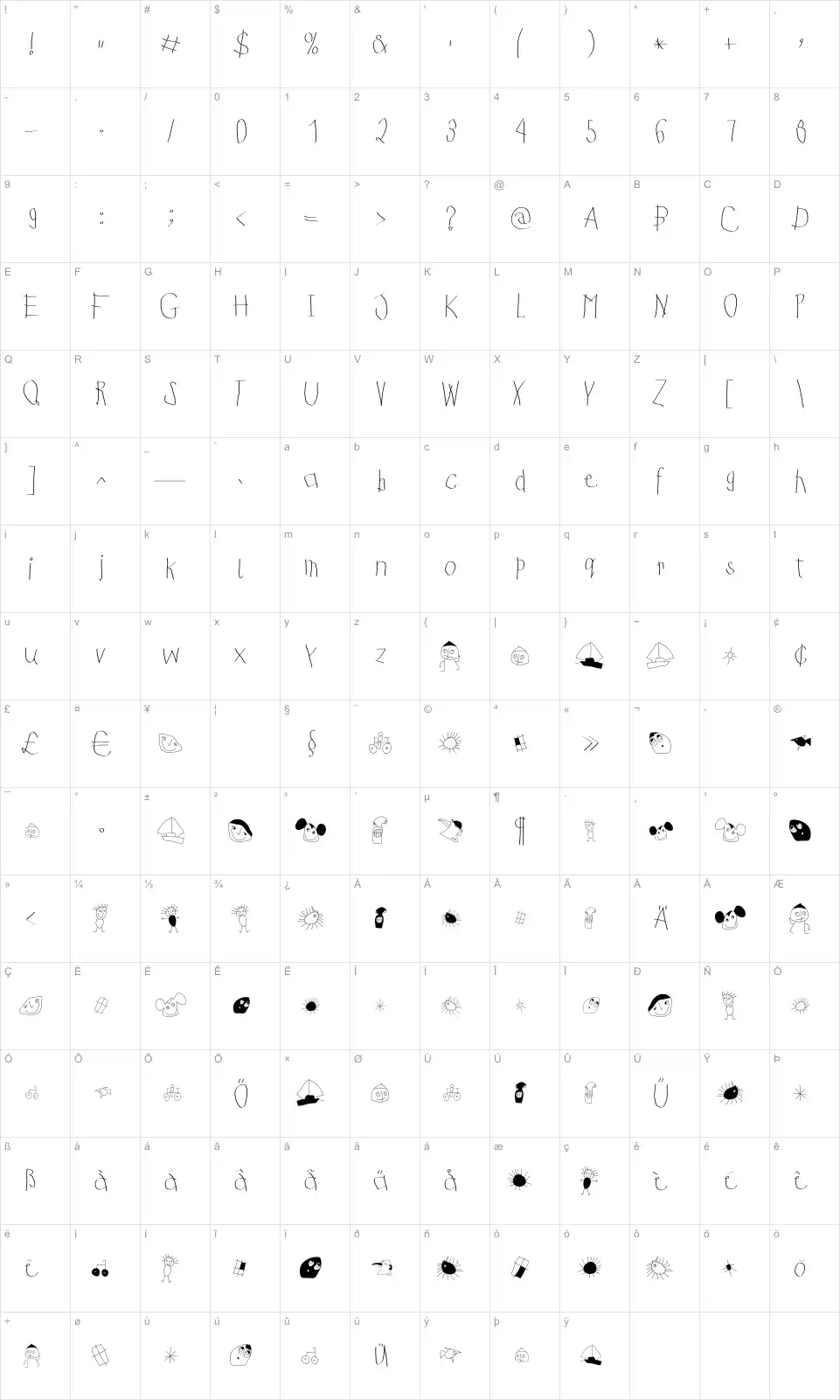 Mapa de caracteres da fonte Kids First Print Font