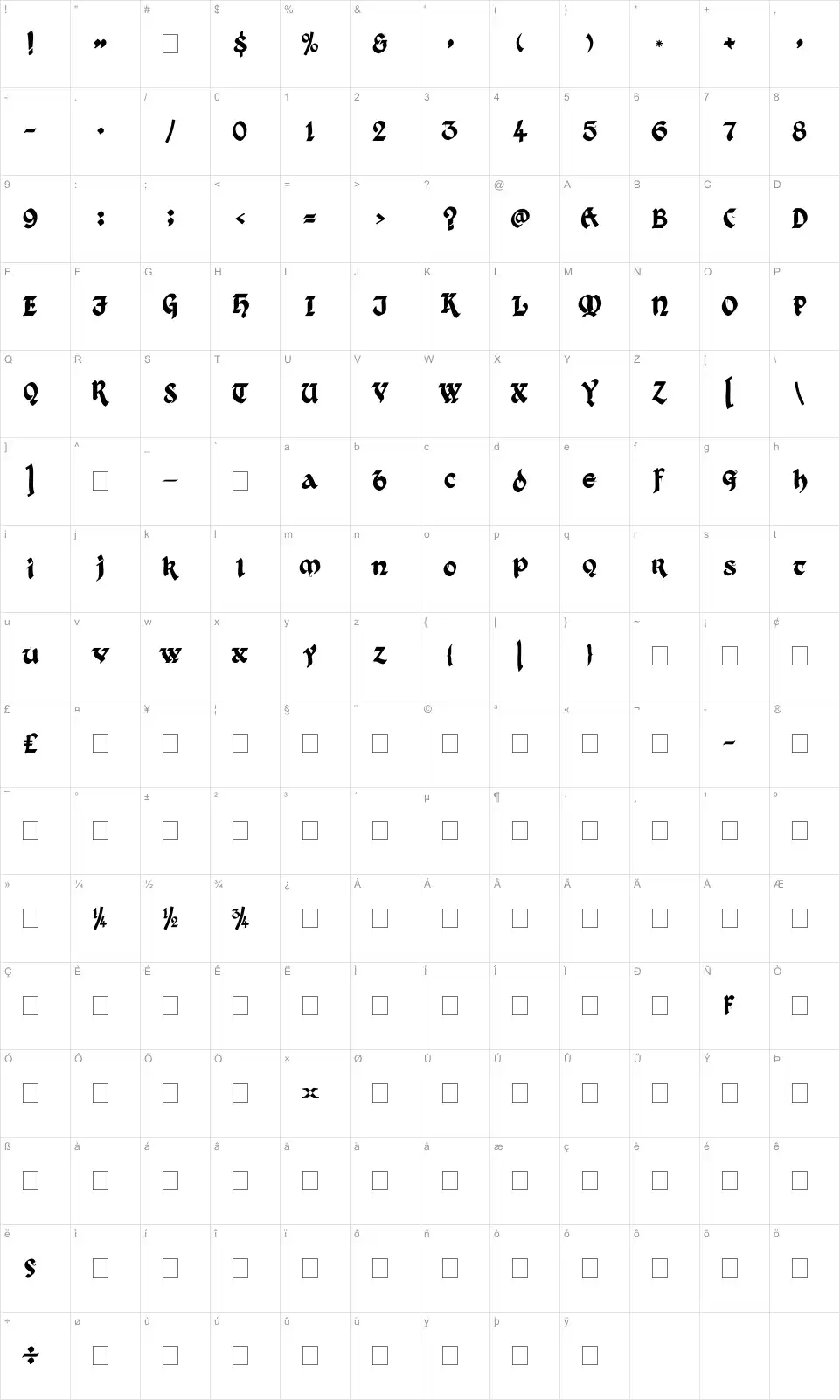 Mapa de caracteres da fonte Kingthings Gothique + Xander