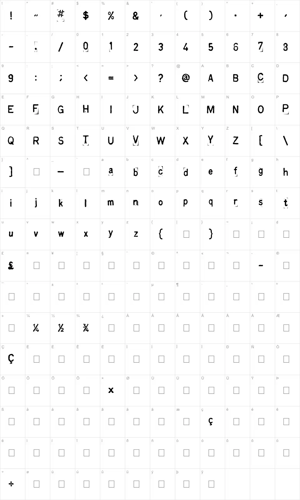 Mapa de caracteres da fonte Kingthings Printingkit