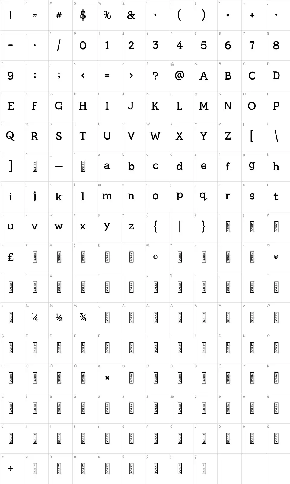 Mapa de caracteres da fonte Kingthings Serifique