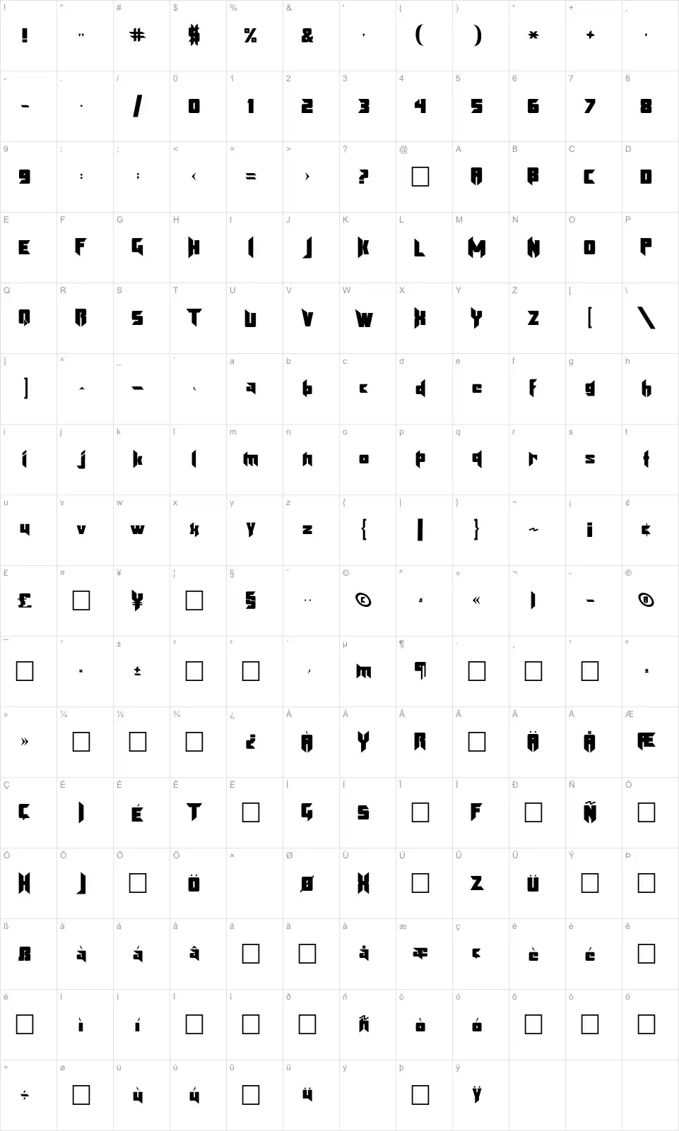 Mapa de caracteres da fonte Klingon Blade