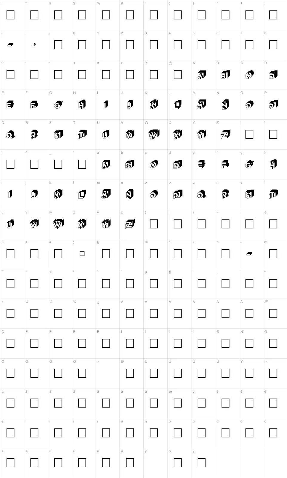 Mapa de caracteres da fonte Knockout