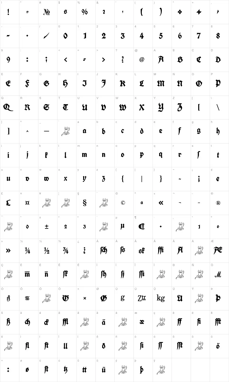 Mapa de caracteres da fonte Koch Fette Deutsche Schrift