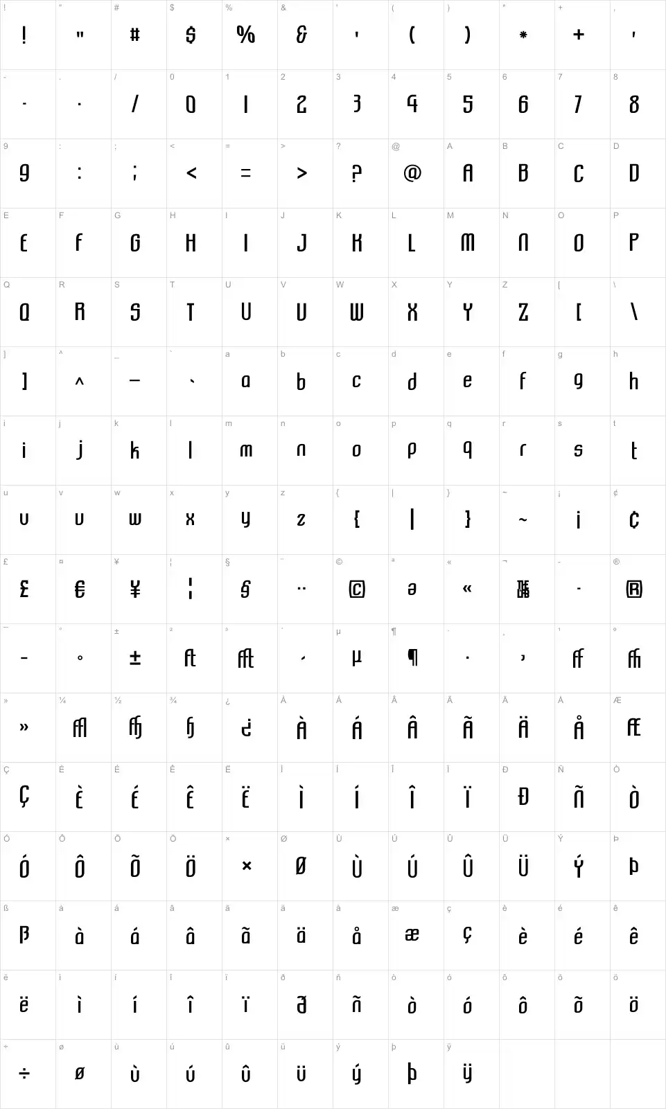 Mapa de caracteres da fonte Komikazba