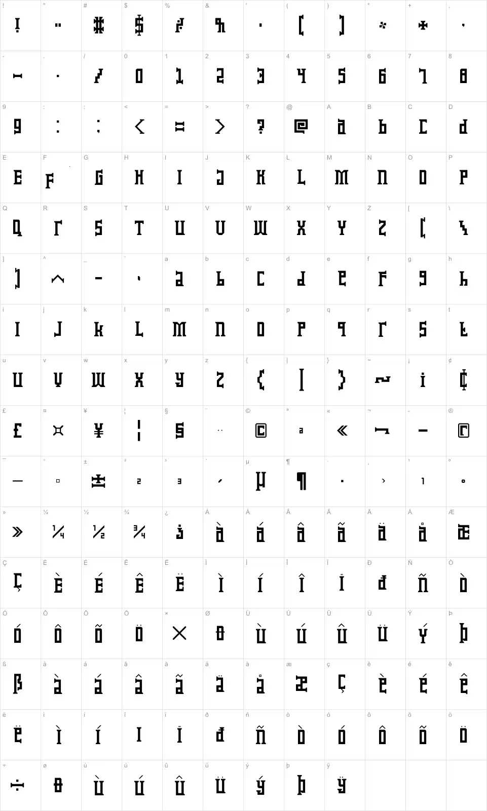 Mapa de caracteres da fonte Koruptor and the Bitches