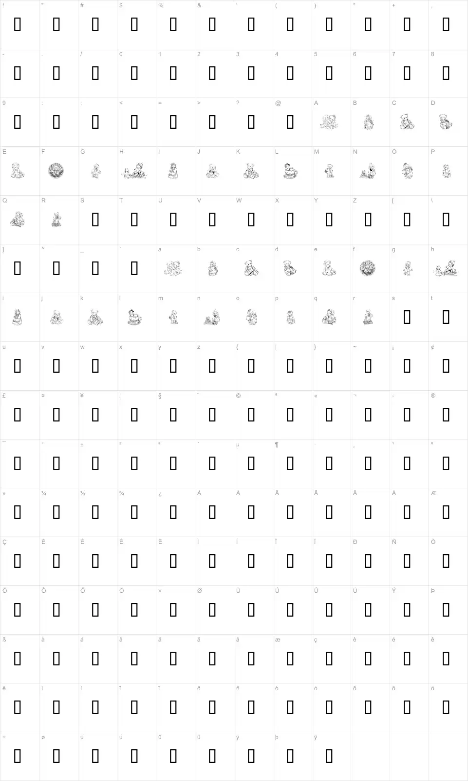 Mapa de caracteres da fonte KR Adorable Teddies
