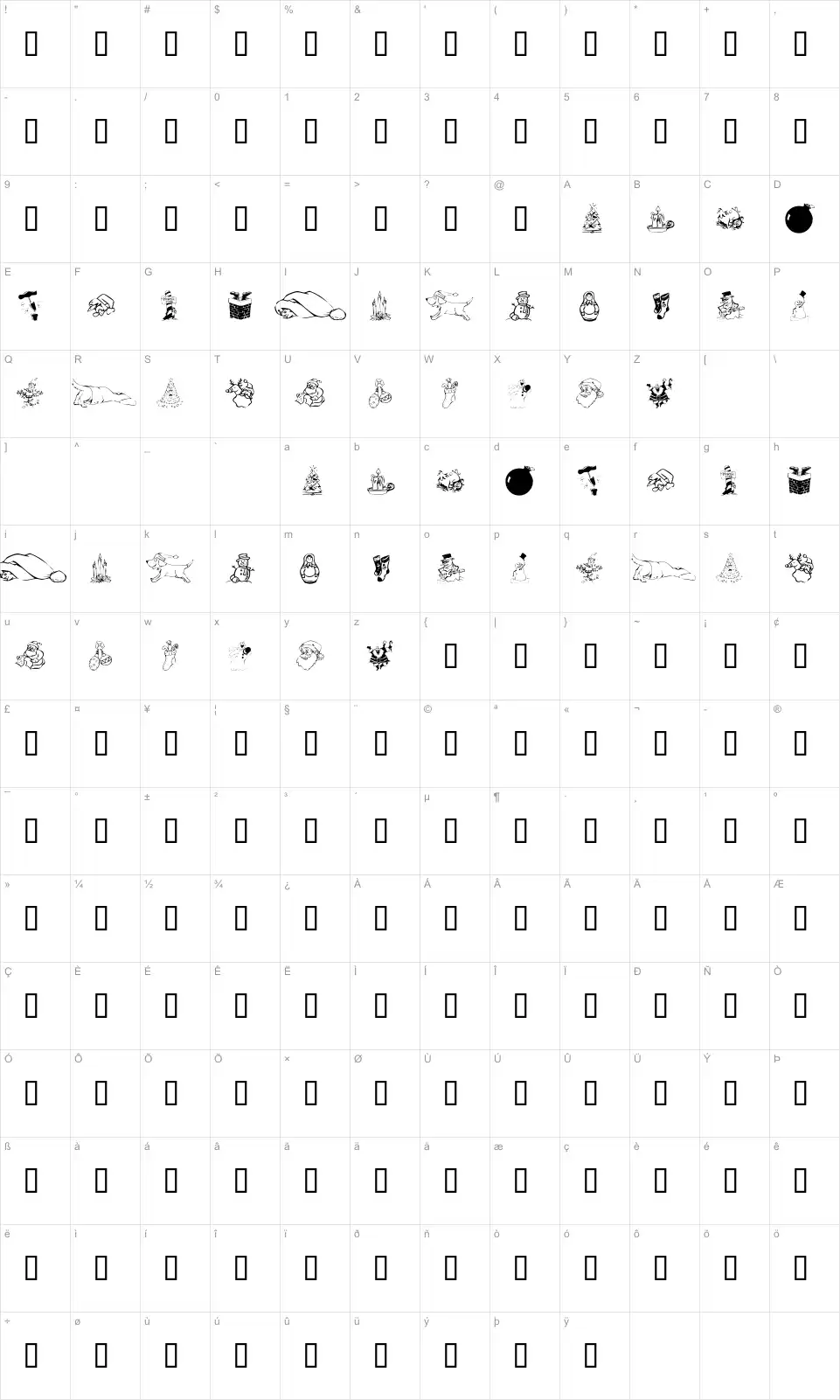 Mapa de caracteres da fonte KR Christmas Dings 2004