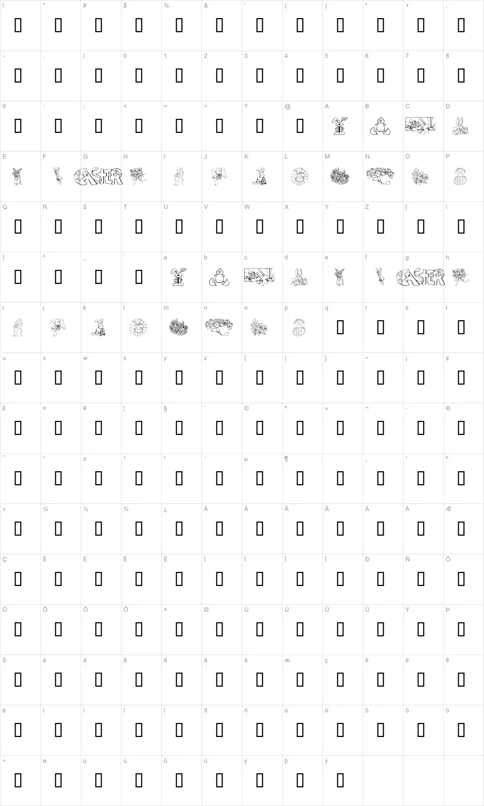 Mapa de caracteres da fonte KR Easter No2