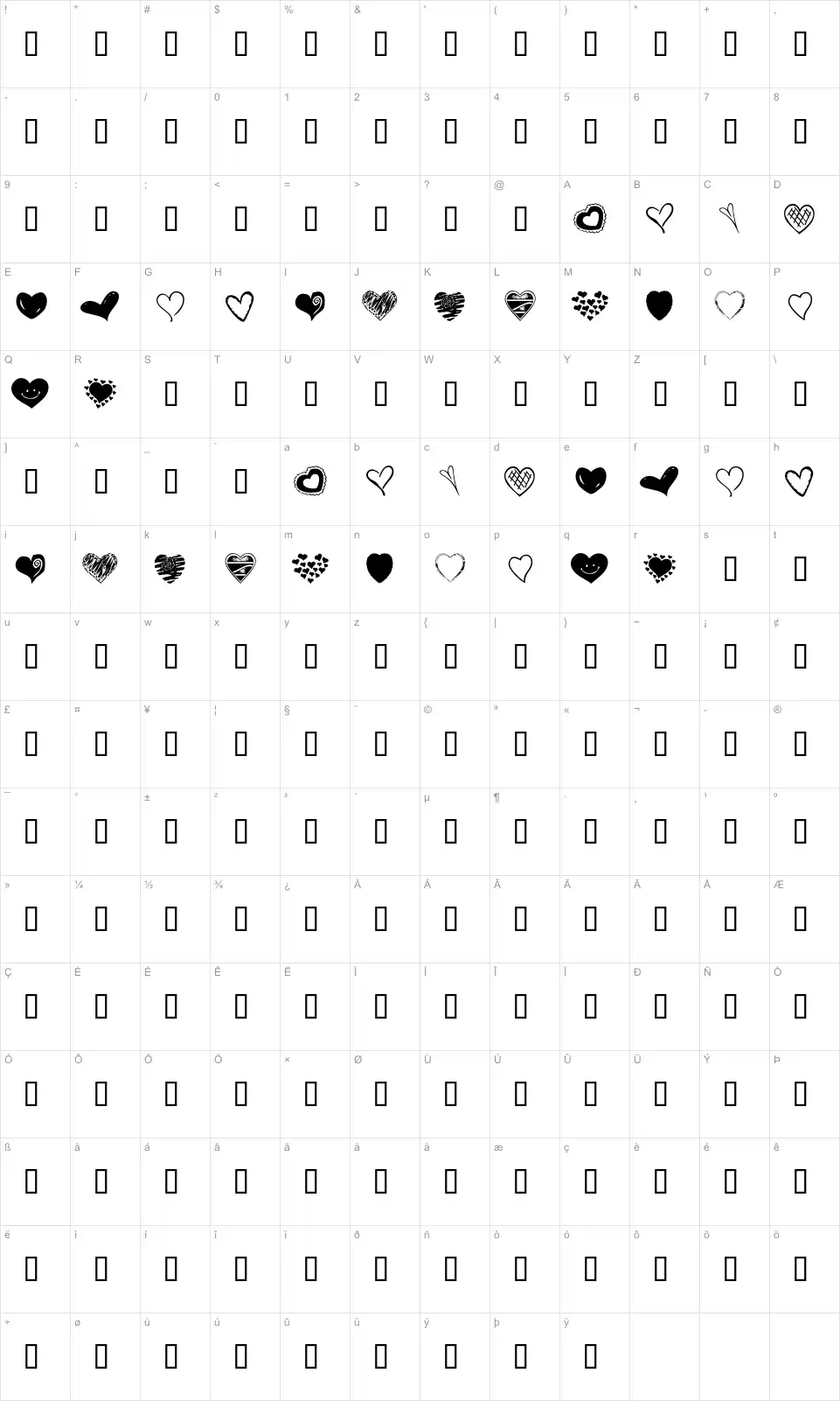 Mapa de caracteres da fonte KR Heartalicious