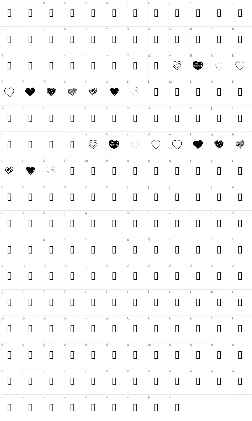Mapa de caracteres da fonte KR Heartfelt