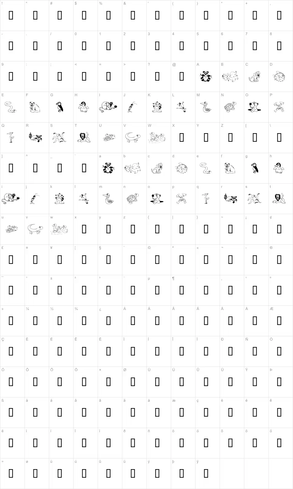Mapa de caracteres da fonte KR Lil Buddies