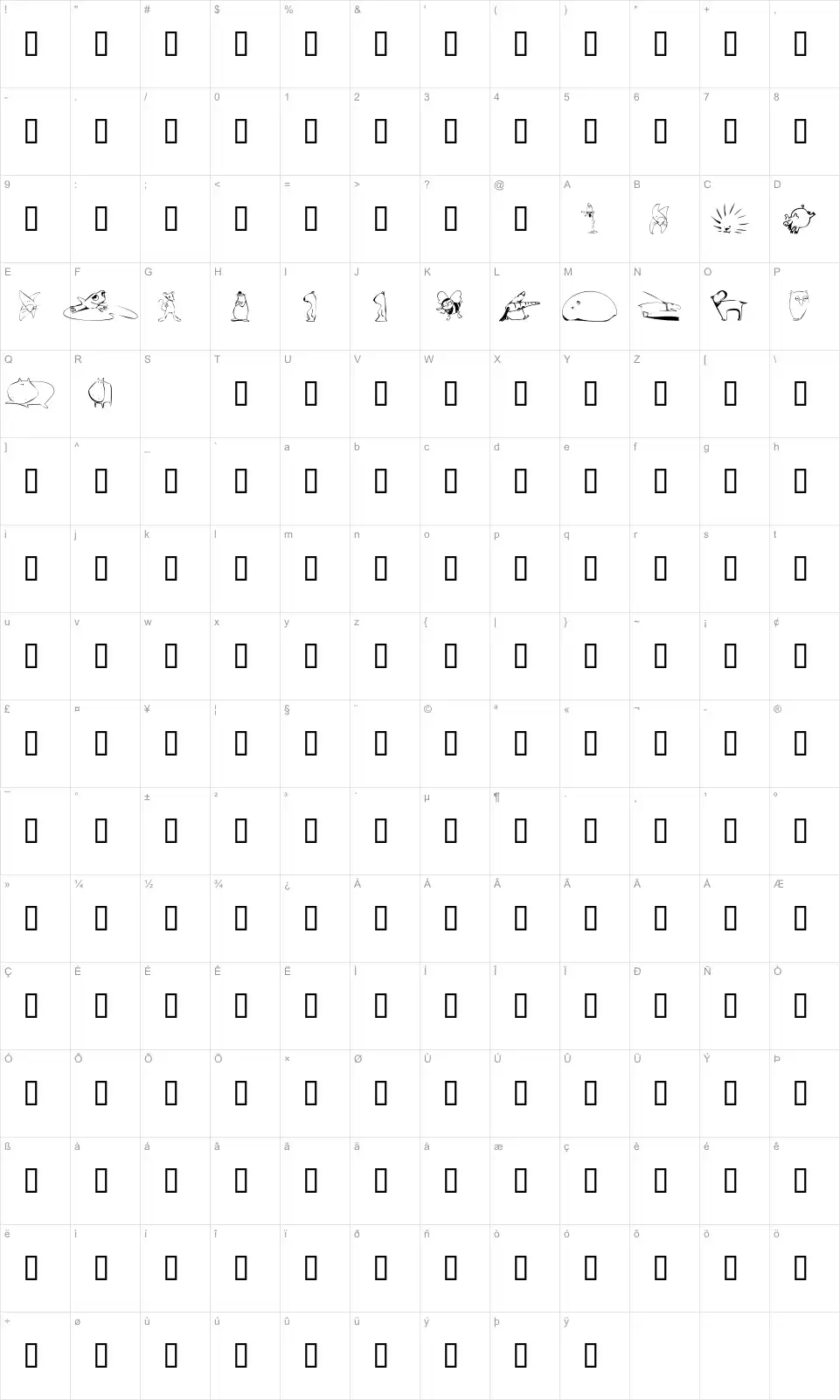 Mapa de caracteres da fonte KR Scrappin Animals