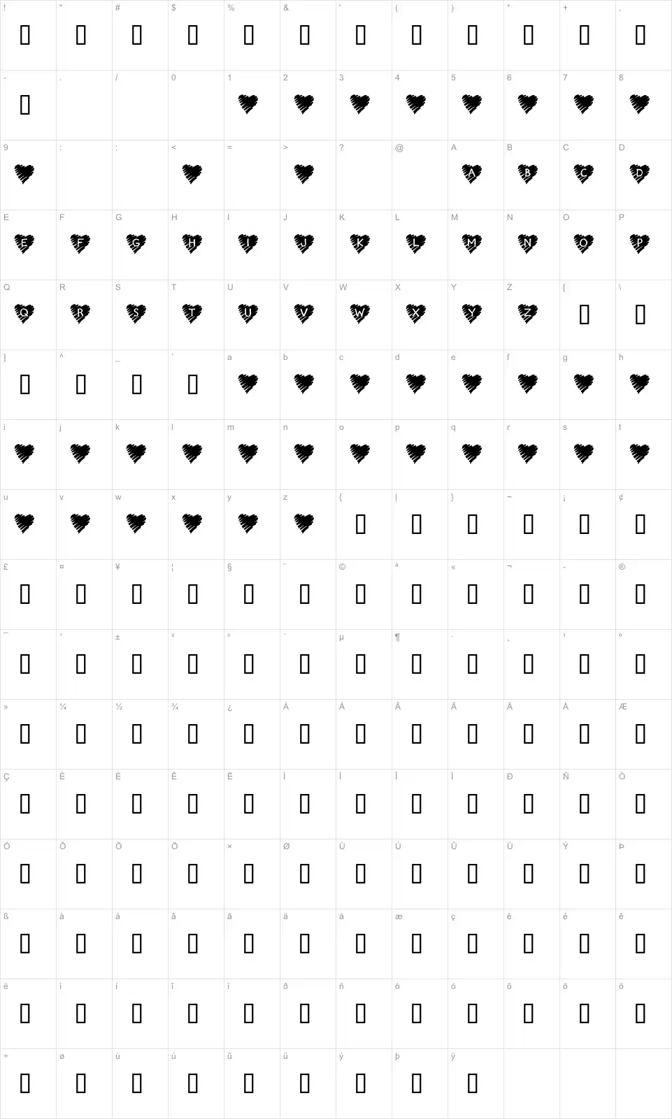 Mapa de caracteres da fonte KR Scribble Heart