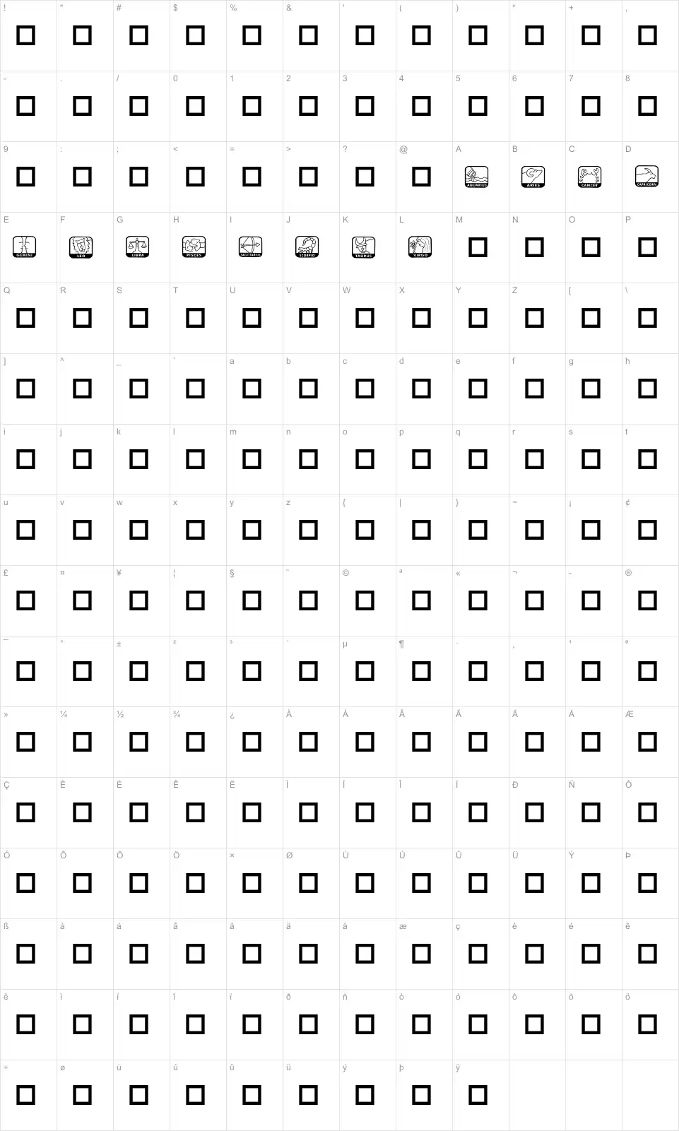 Mapa de caracteres da fonte KR Zodiac Dings