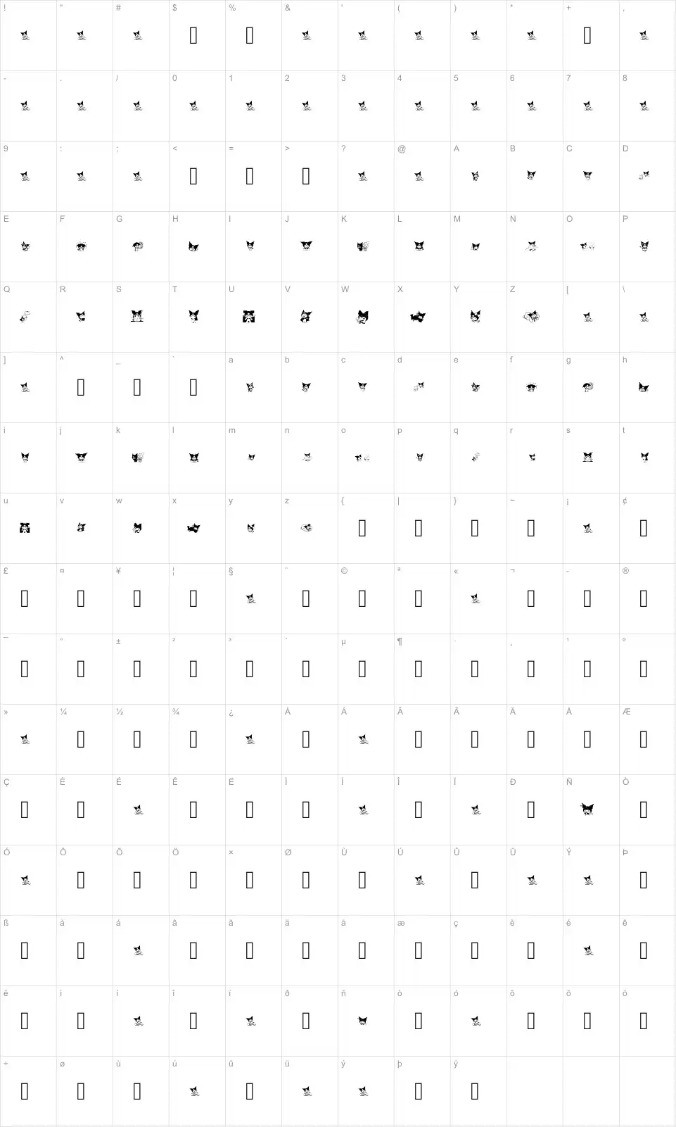 Mapa de caracteres da fonte Kuromi Dingbats
