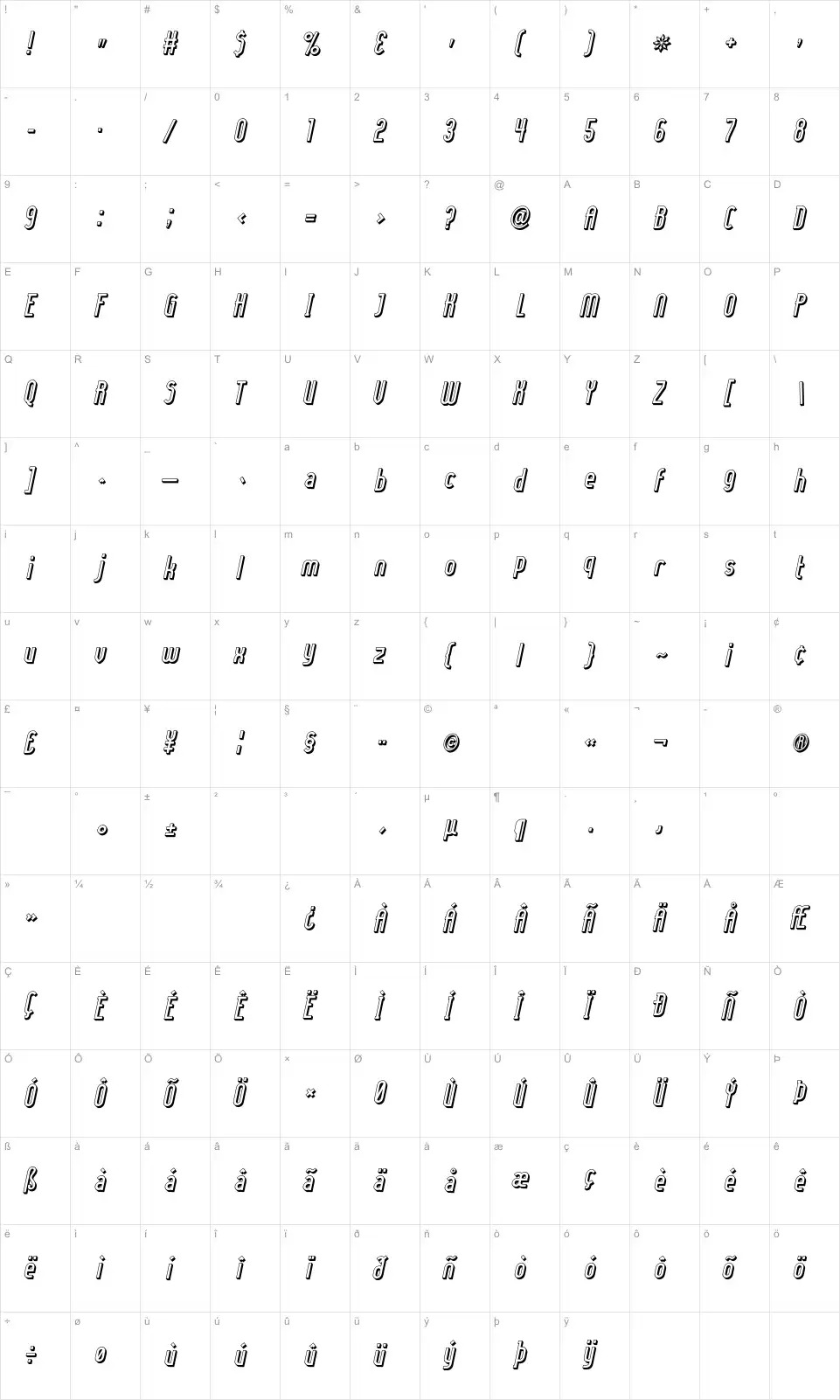 Mapa de caracteres da fonte Lady Ice