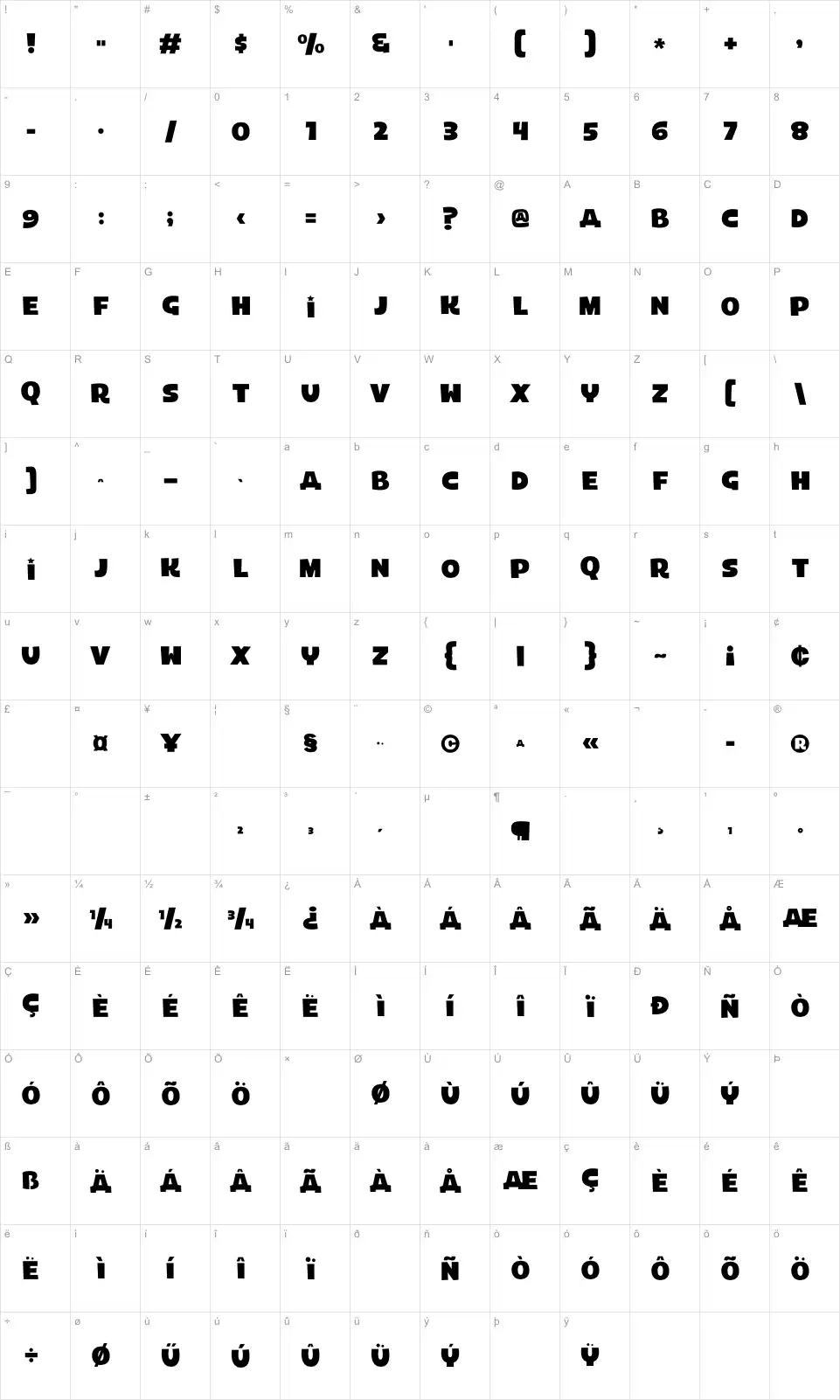 Mapa de caracteres da fonte Laika