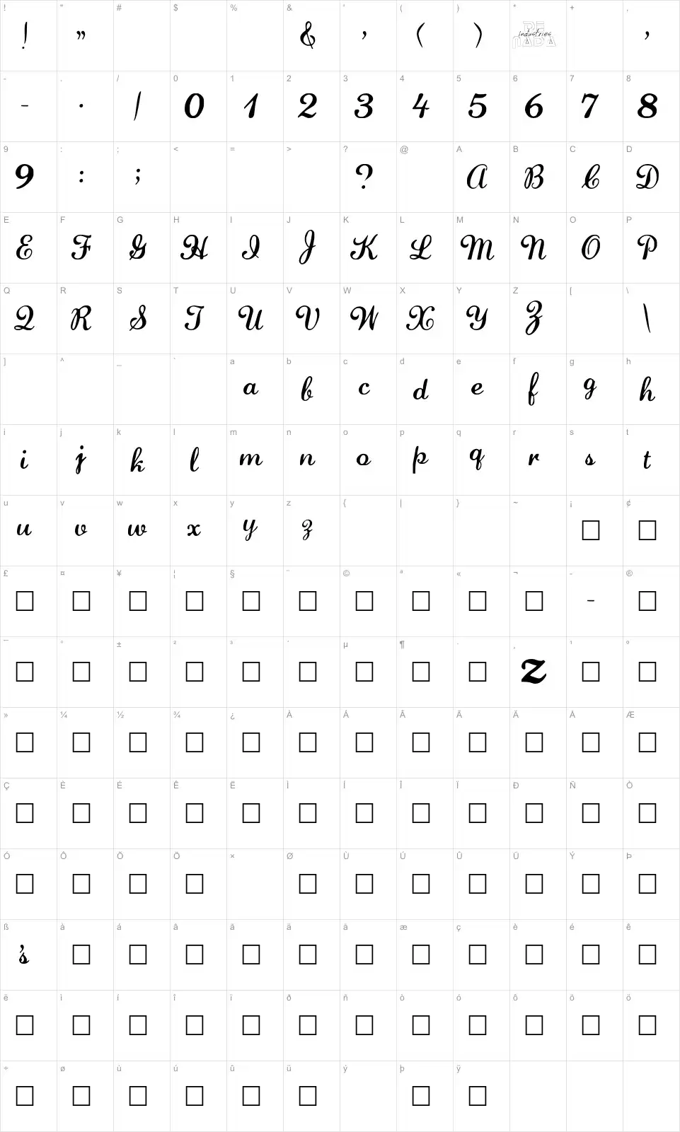 Mapa de caracteres da fonte Lauren Script