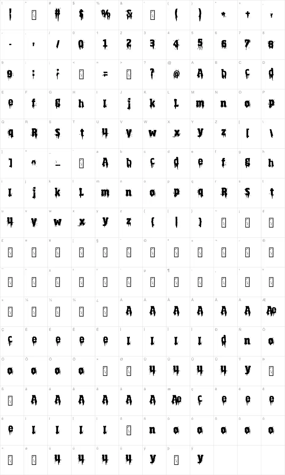 Mapa de caracteres da fonte Lavender Witness