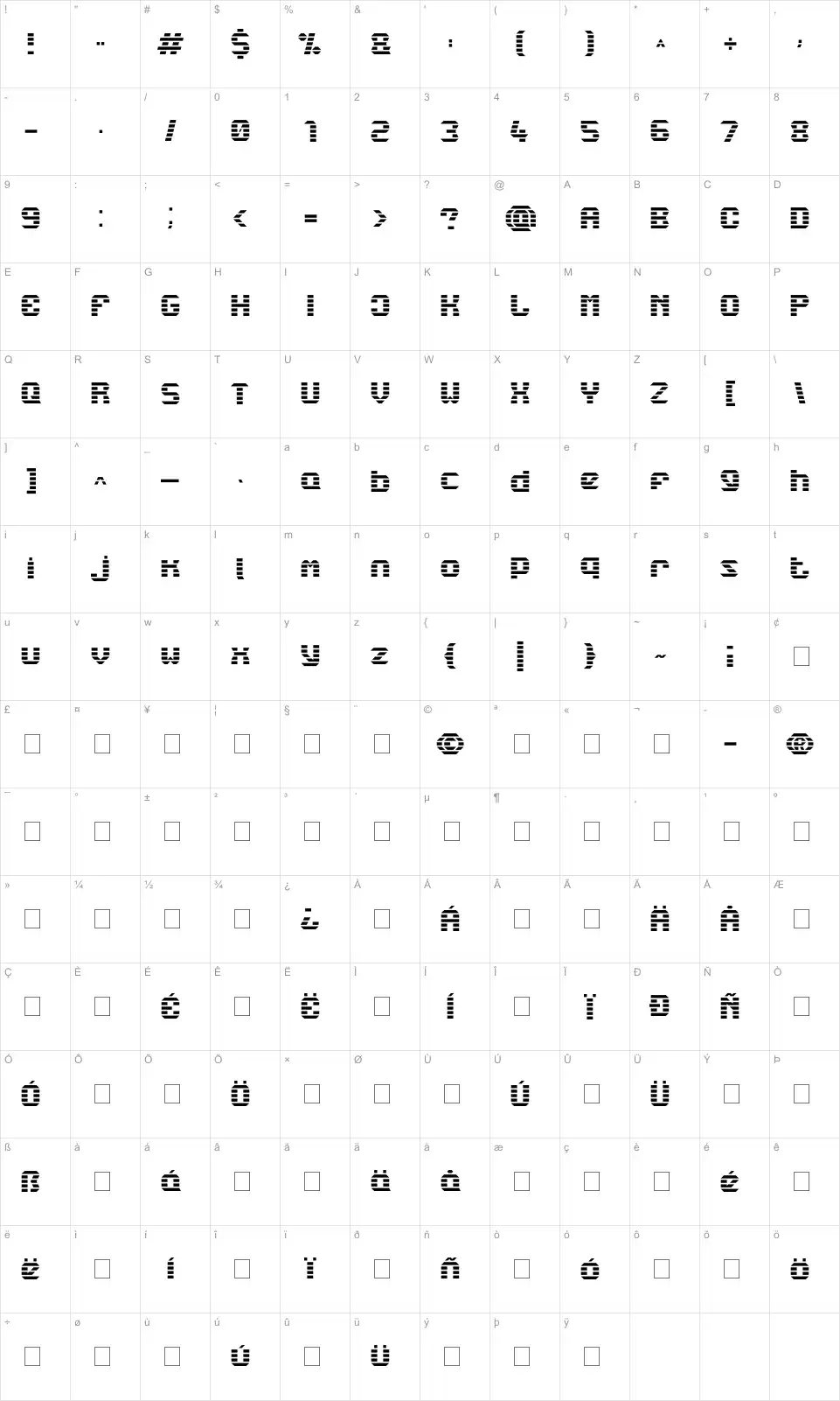 Mapa de caracteres da fonte LBC Starlight