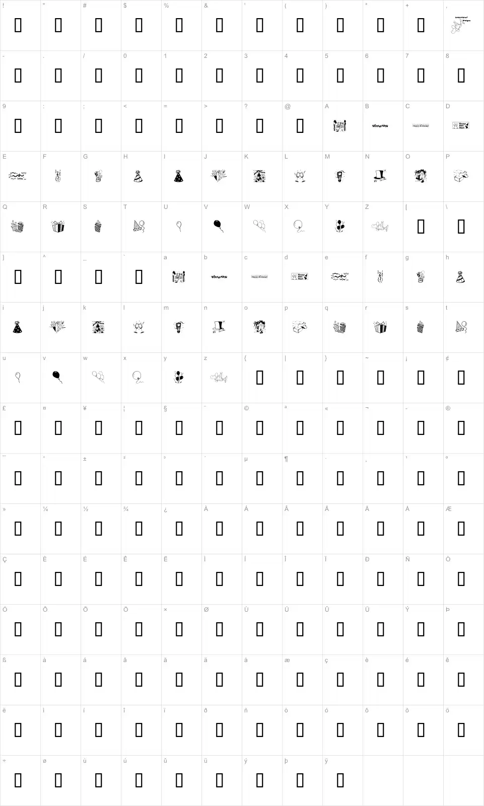 Mapa de caracteres da fonte LCR Party Dings