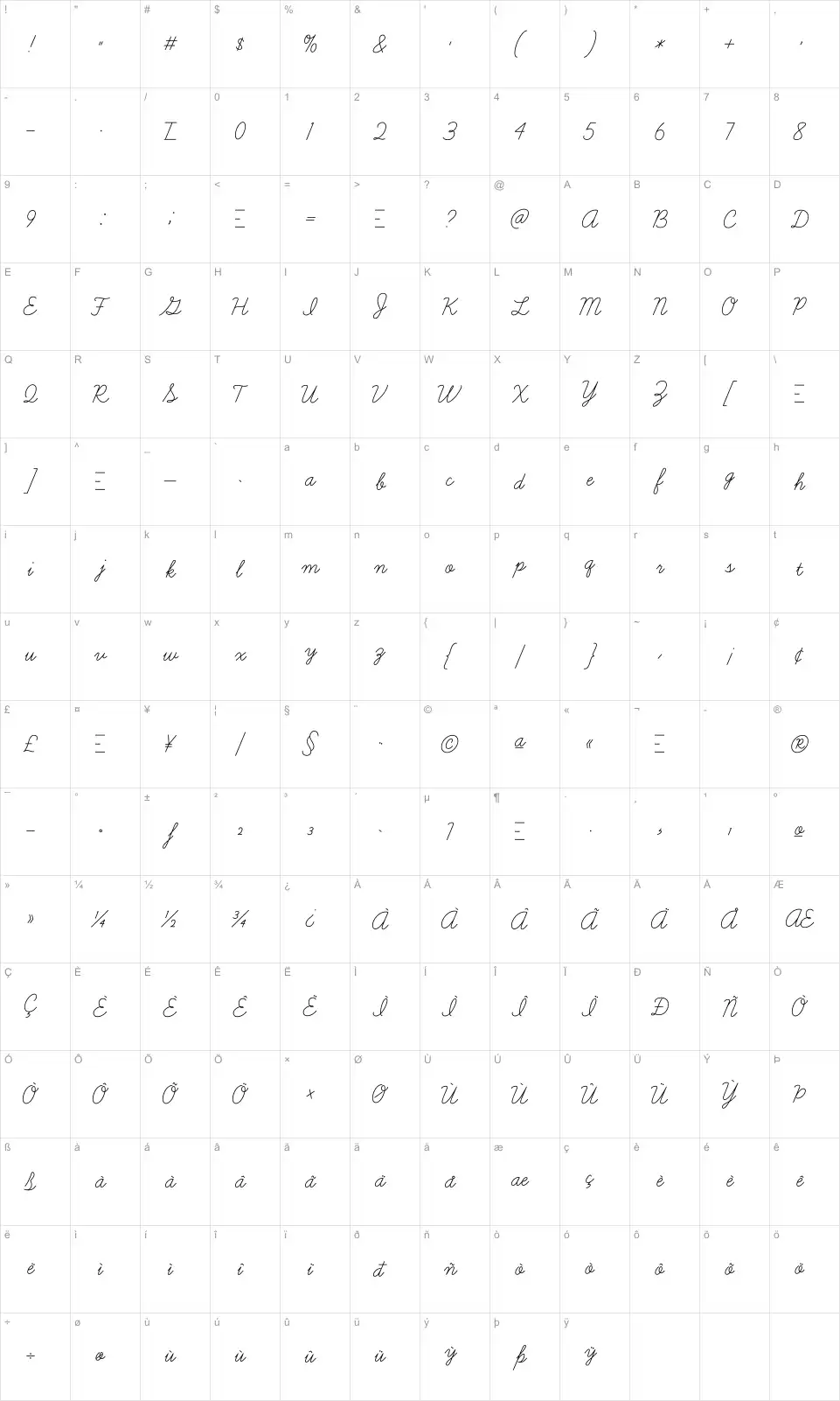 Mapa de caracteres da fonte Learning Curve BV