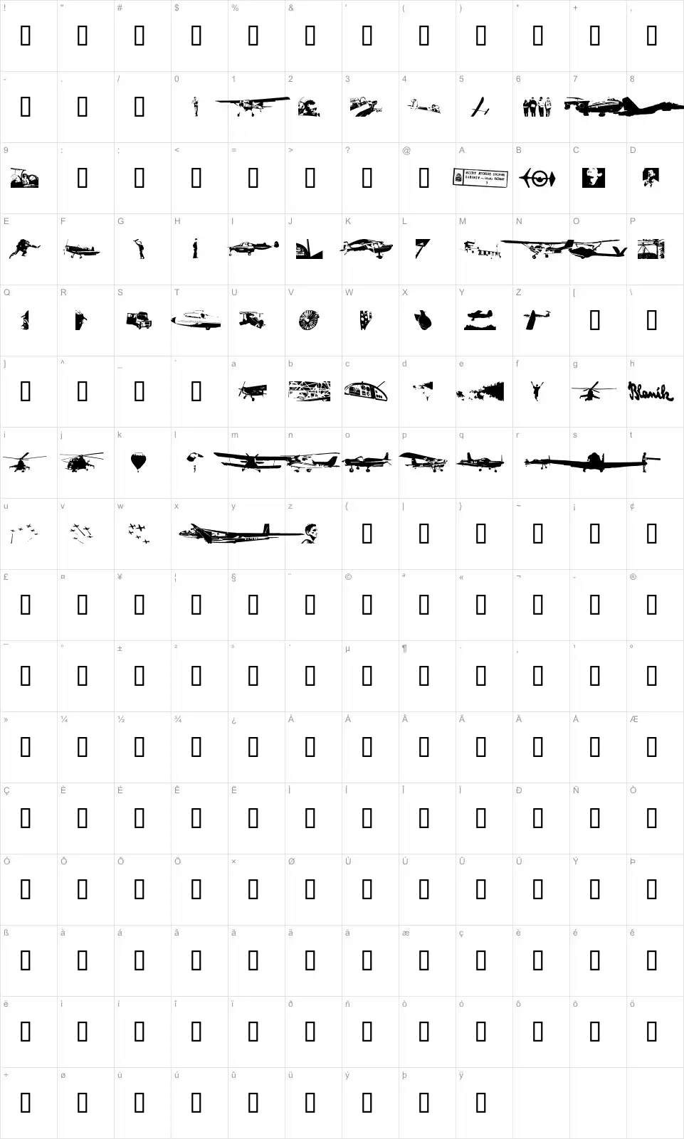 Mapa de caracteres da fonte Letsikovy Flashtrace