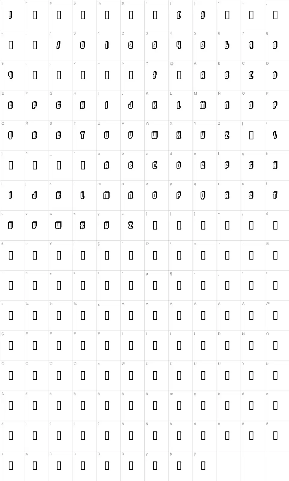 Mapa de caracteres da fonte Letters