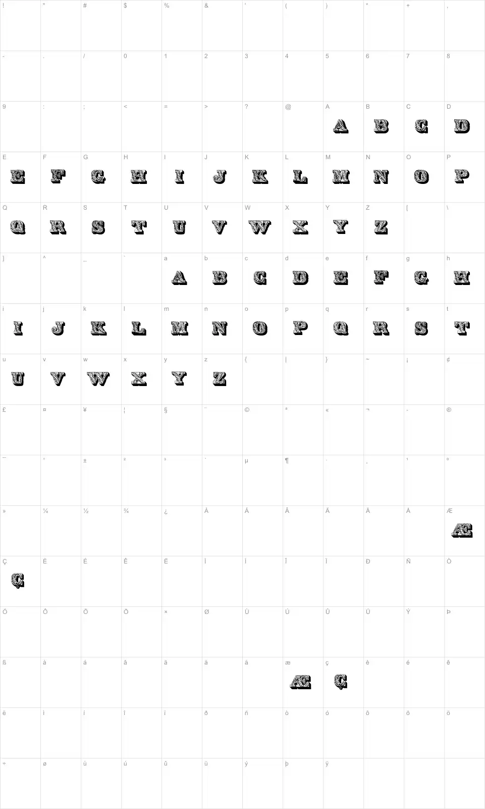 Mapa de caracteres da fonte Lettres ombrees ornees
