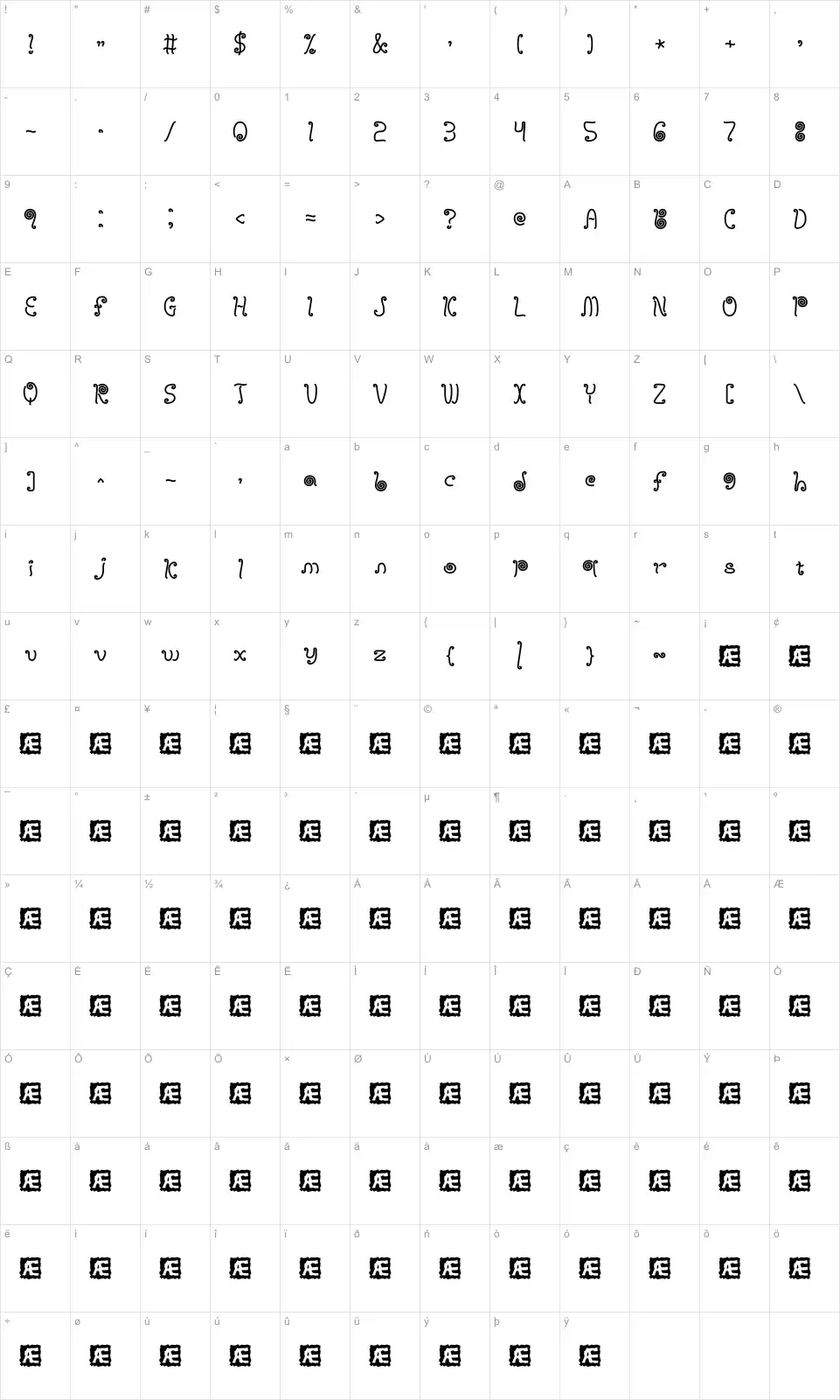 Mapa de caracteres da fonte Licorice Strings