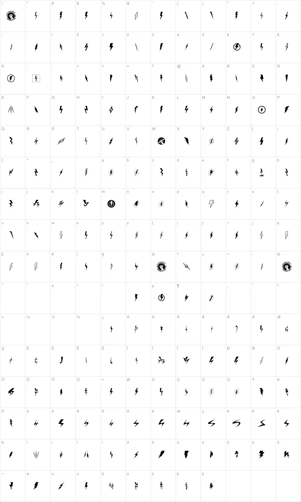 Mapa de caracteres da fonte Lightning Bolt