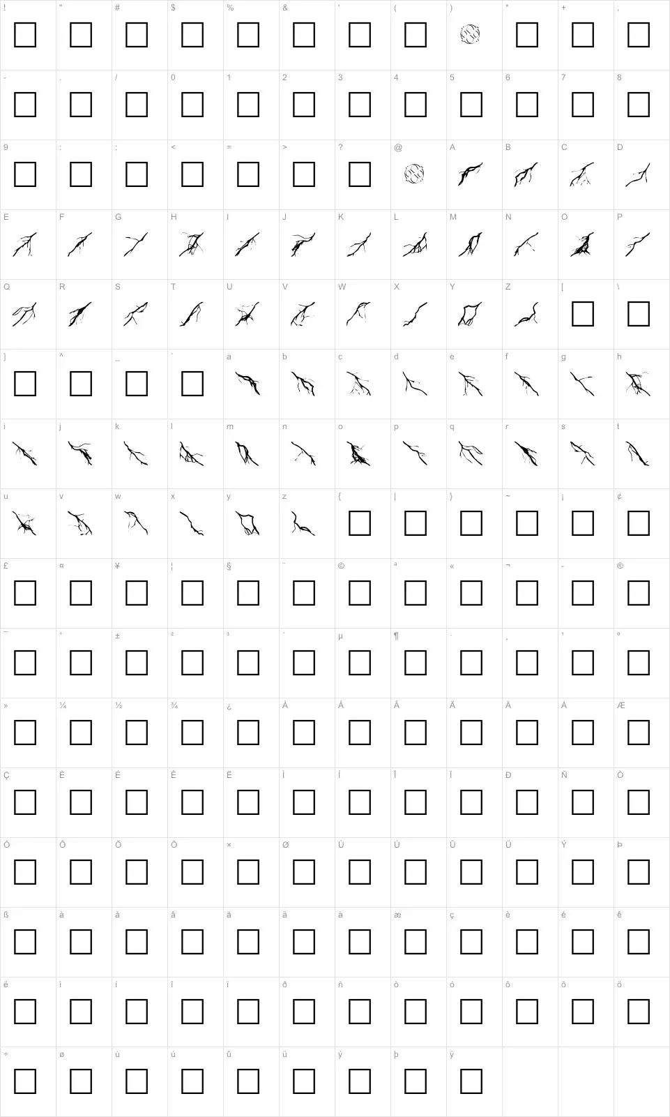Mapa de caracteres da fonte Lightning Bolts