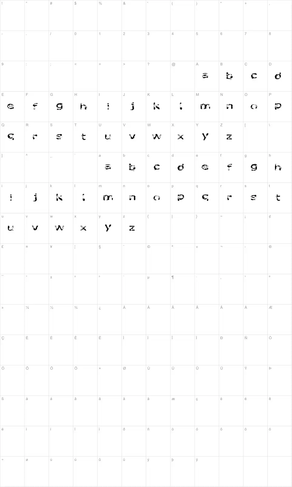 Mapa de caracteres da fonte Like fonts in the rain
