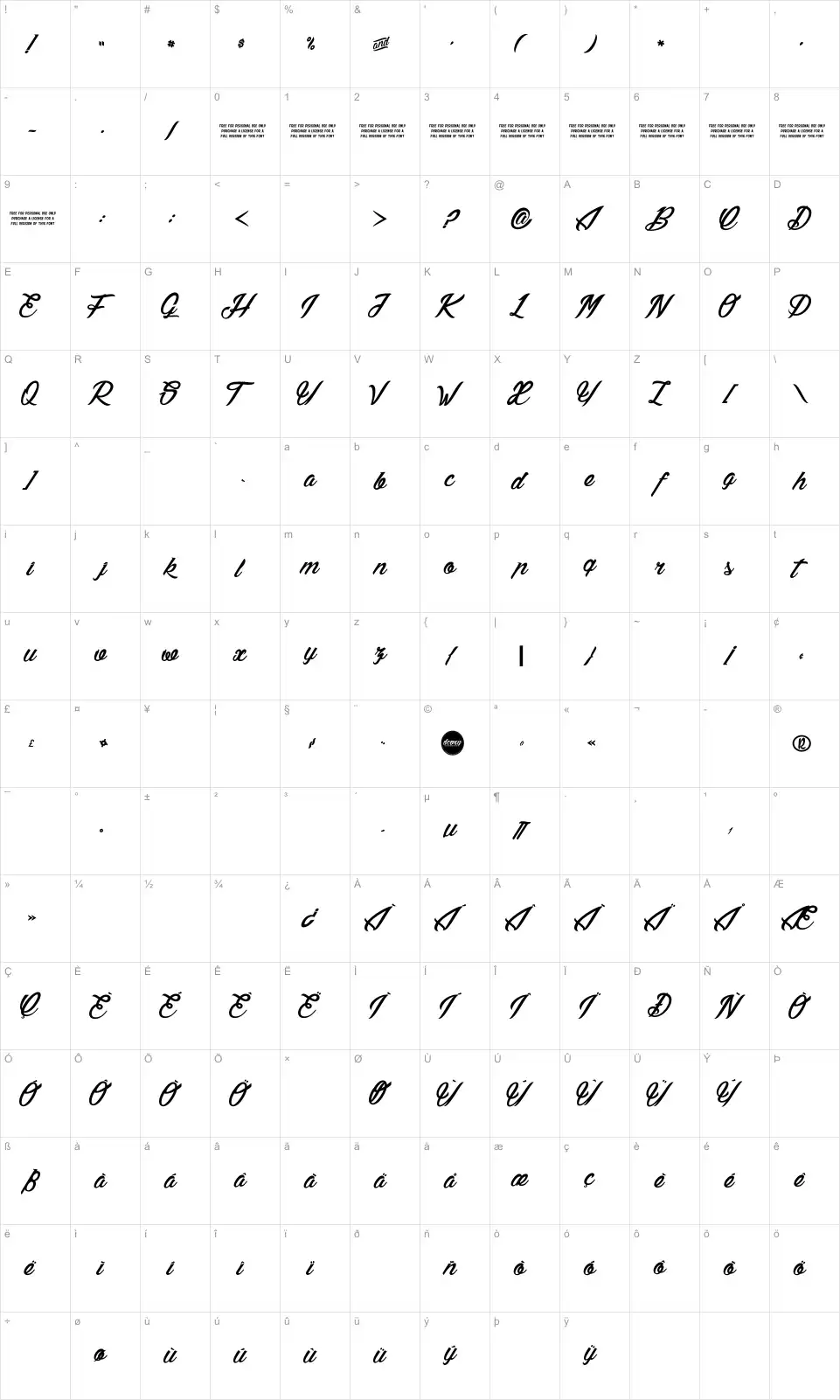 Mapa de caracteres da fonte Lily of the Valley