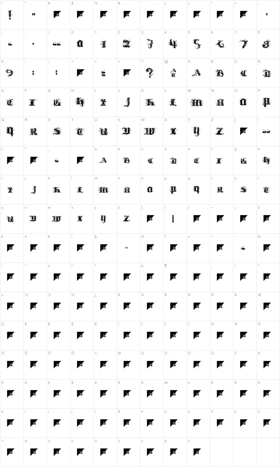 Mapa de caracteres da fonte !Limberjack