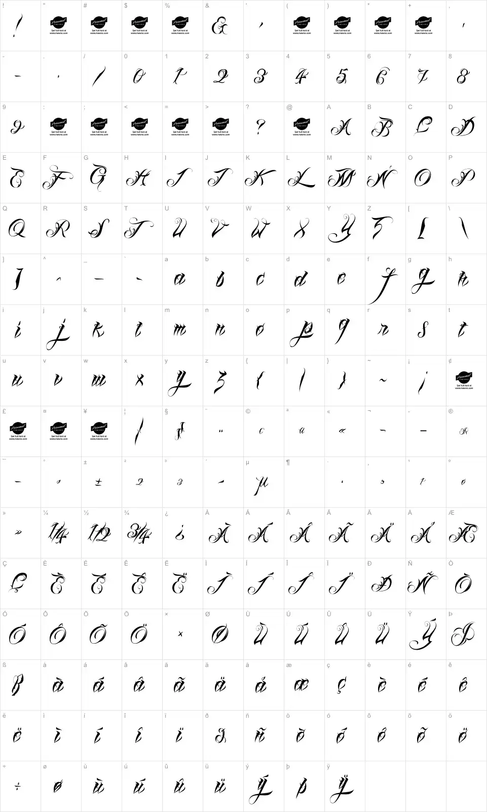 Mapa de caracteres da fonte Lina Script