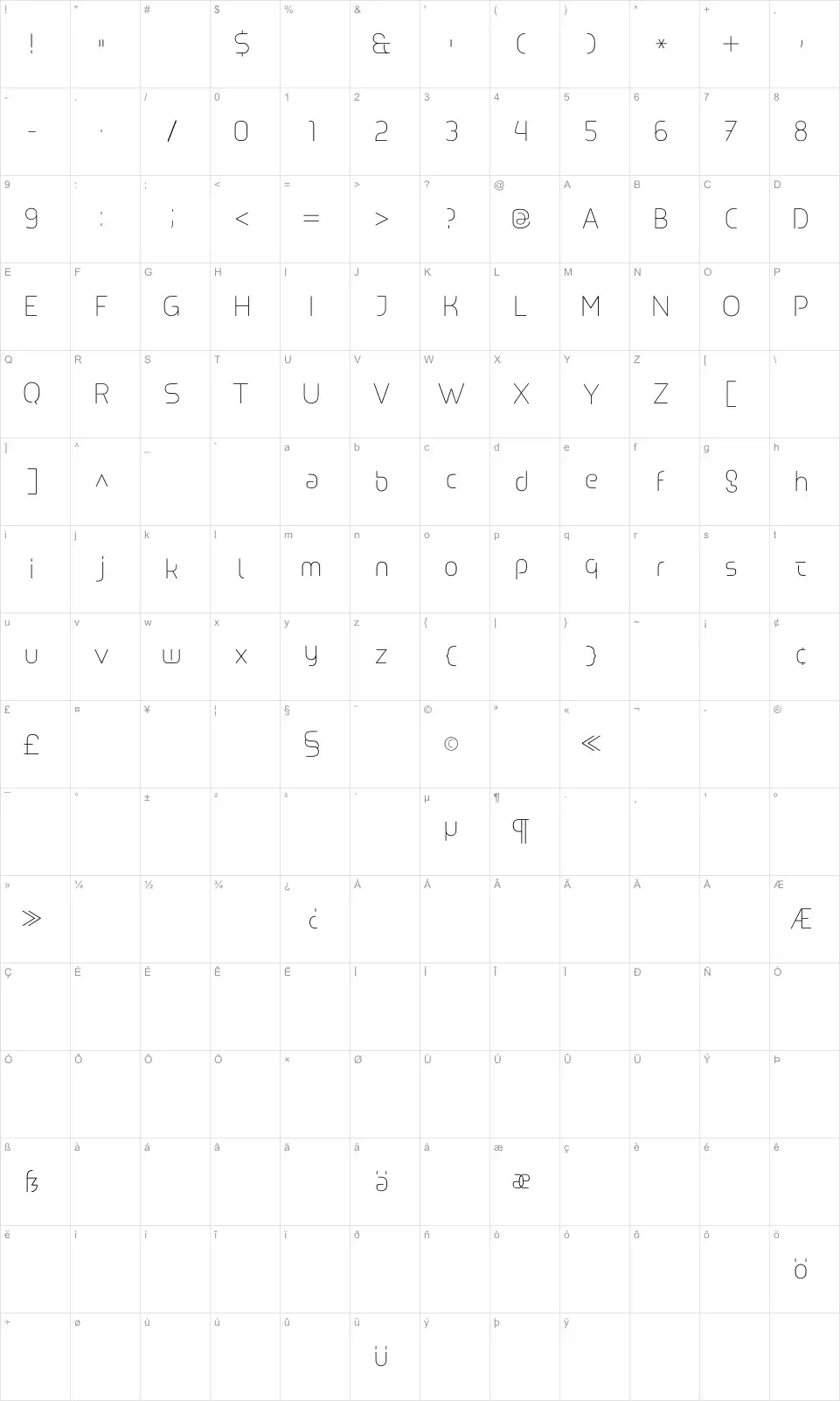 Mapa de caracteres da fonte Line UltraLight