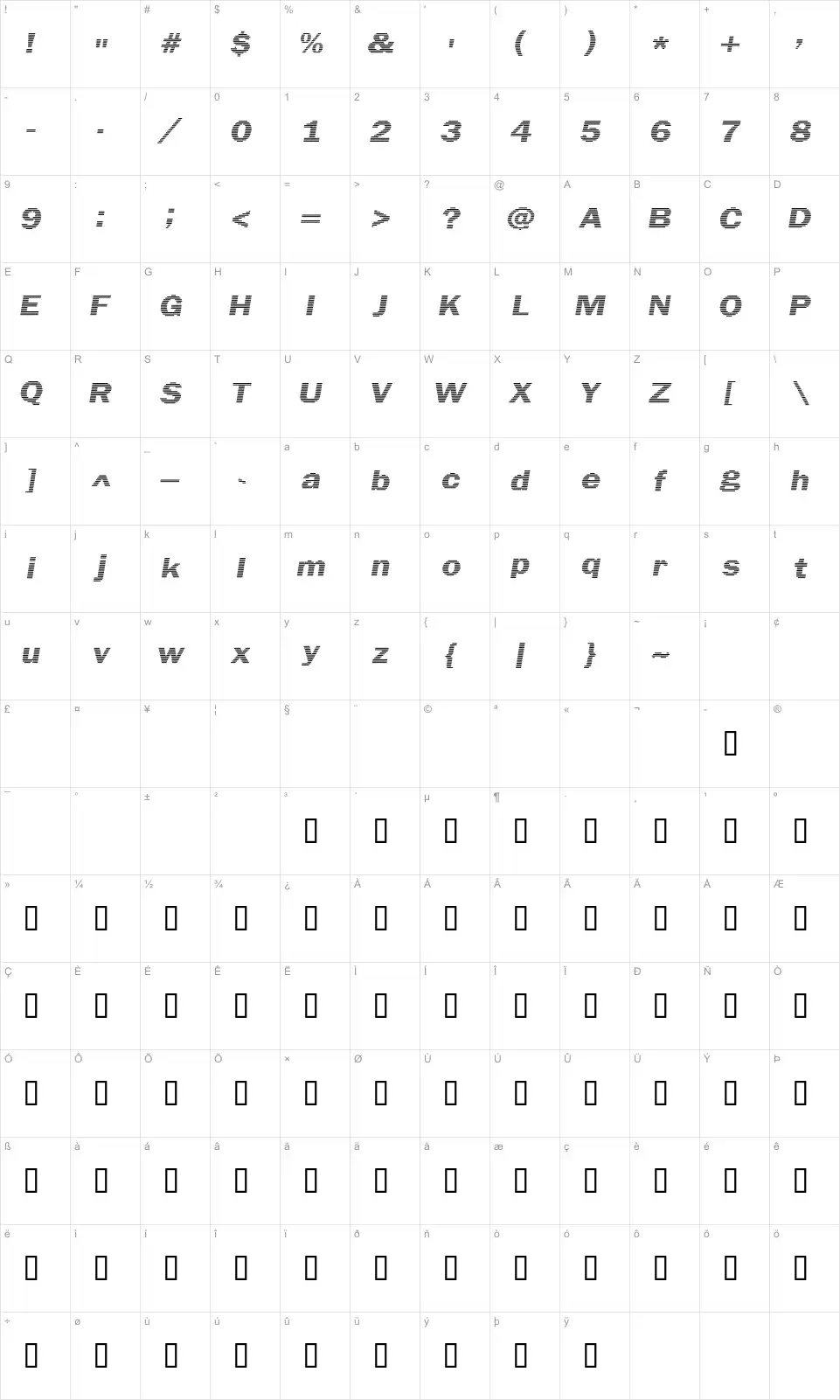 Mapa de caracteres da fonte Linear Beam