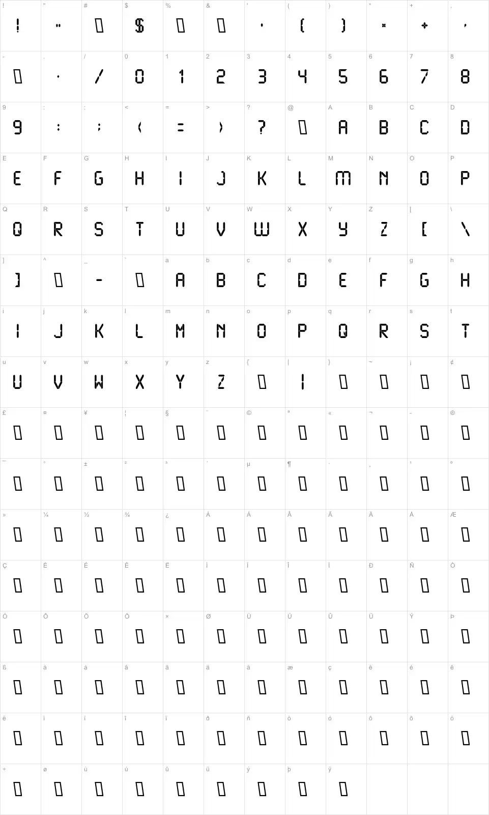Mapa de caracteres da fonte Liquid Crystal