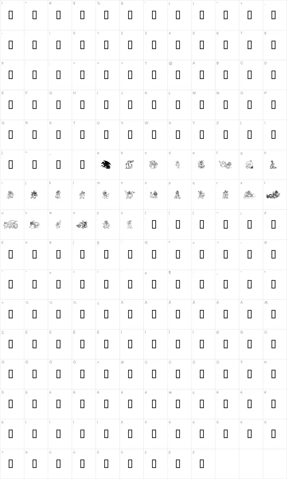 Mapa de caracteres da fonte Lisa's Dragons