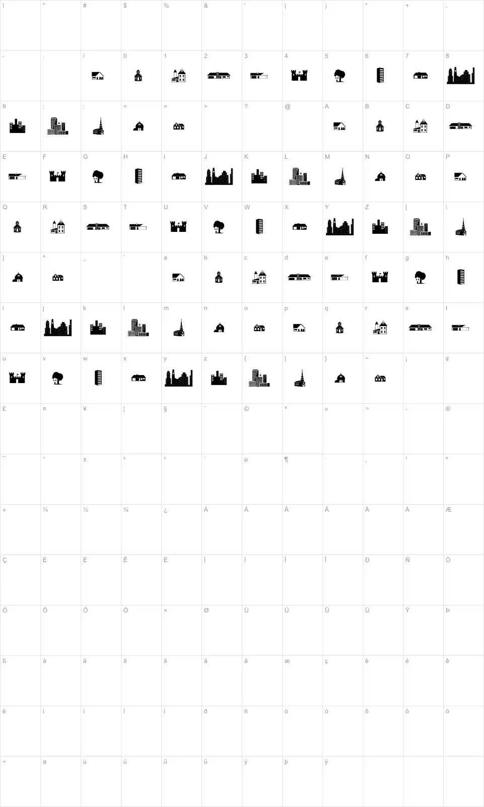 Mapa de caracteres da fonte Little City 2000