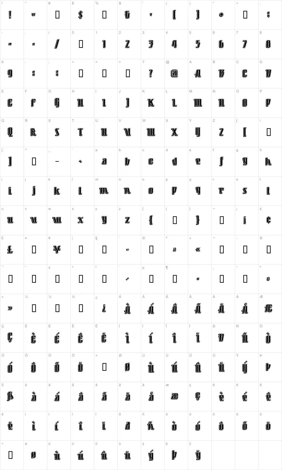 Mapa de caracteres da fonte Little Deuce Coupe